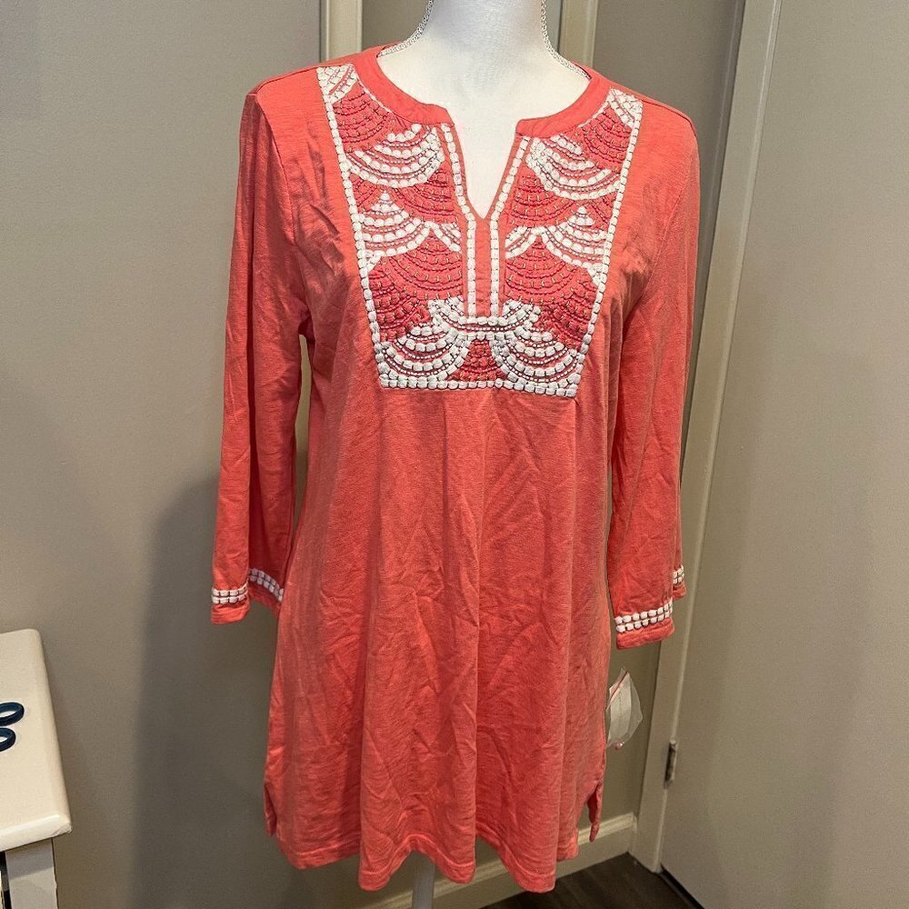 NWT Charter Club Embroidered Beaded Coral Tunic, Size Medium